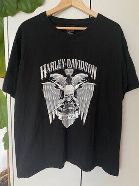 Men Unisex Black Harley-Davidson Motor Cycles T-shirt Skull Size 2XL Fit Large